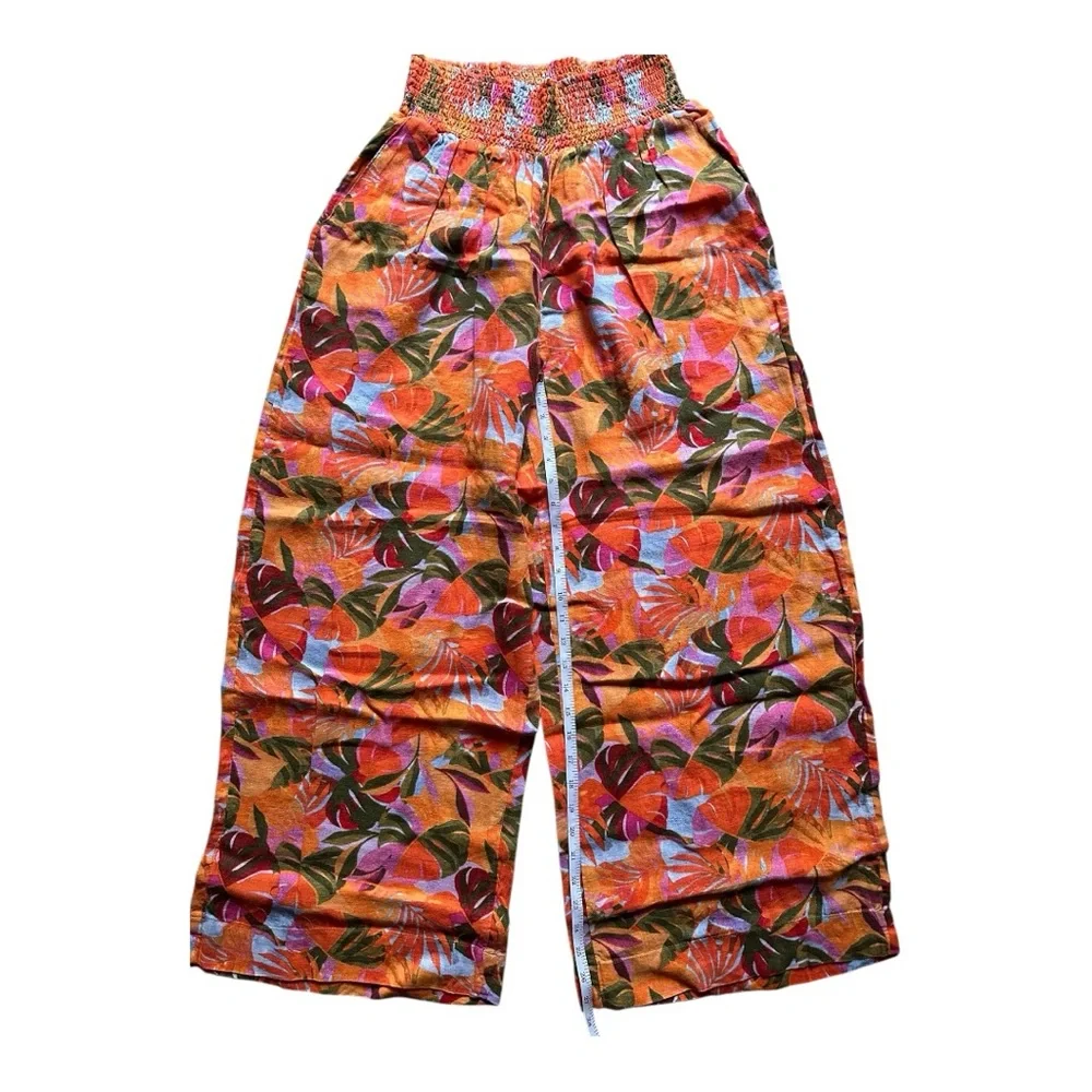 C&C California 100% Linen Orange and Pink Tropical Floral Wide Leg Pant - Picture 5 of 8